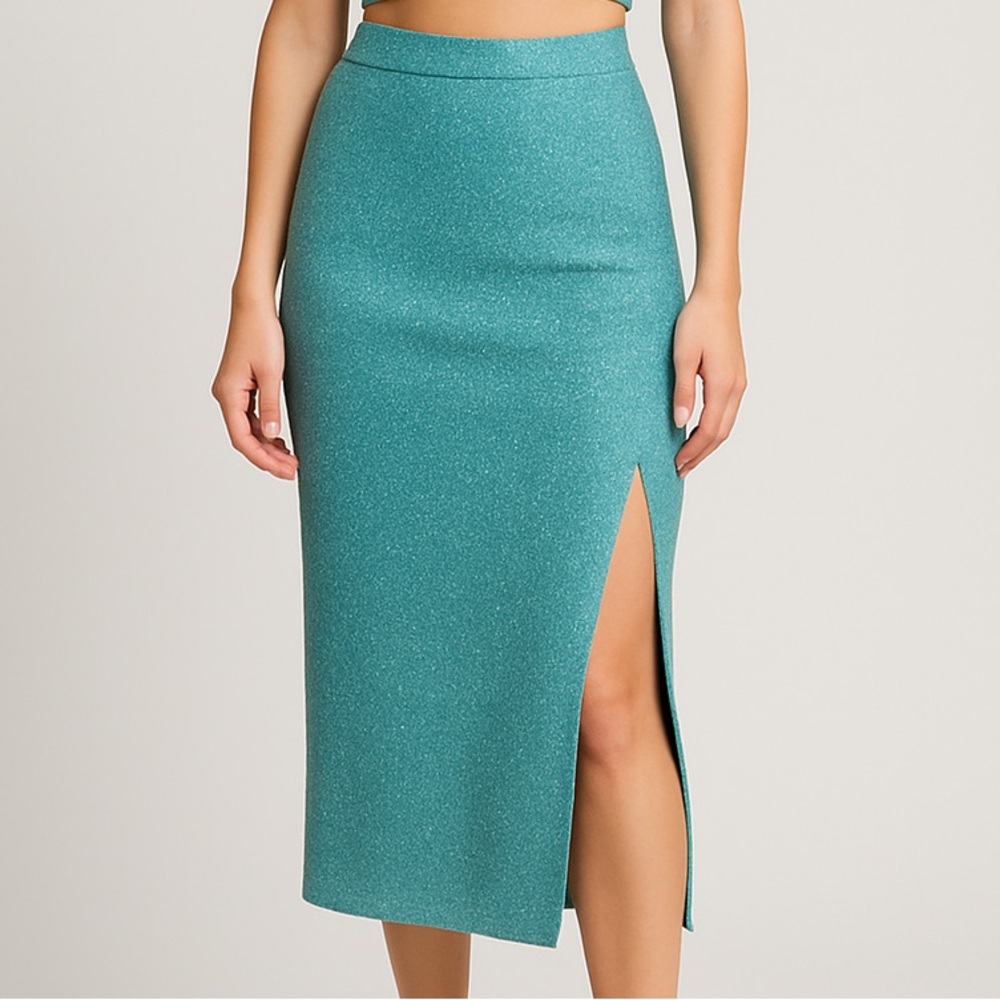 🆕✨🦋House of Harlow1960 Blue Metallic Knit Midi Skirt Sparkly Party Evening Glam